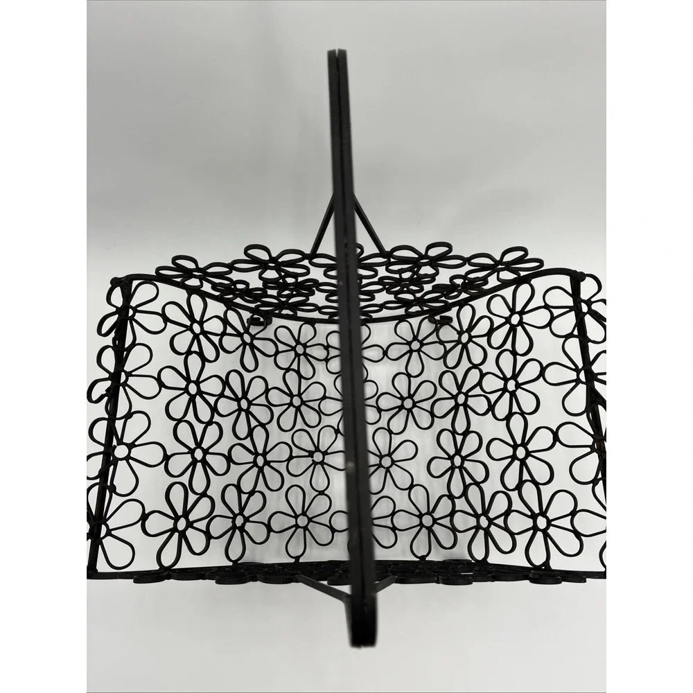 Black Metal Floral Wire Basket Daisy Cutout Decorative Handle Cottagecore MCM